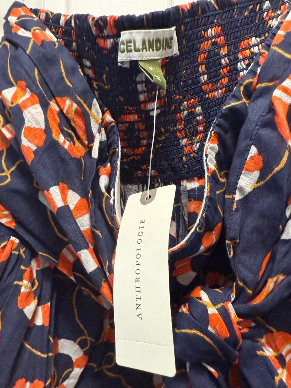 Celandine/Anthropologie Strapless Navy Dress with Orange & White Lifebuoy Print - Picture 6 of 7